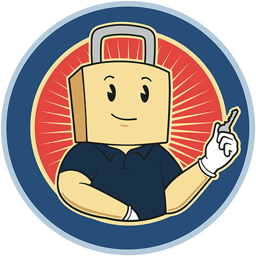 The LockFellas padlock mascot holding a key